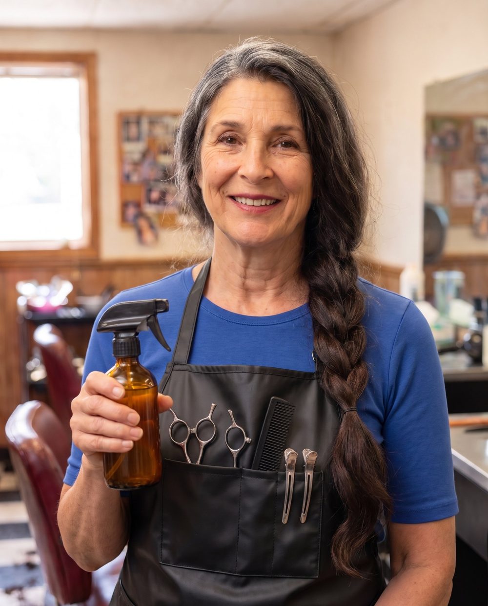 Kaya Dakota in her salon holding an amber spray bottle